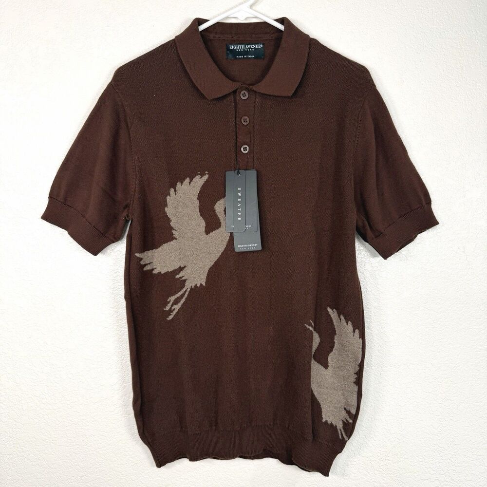 NEW Eight Avenue Men's Brown Bird Print Polo Sweater Coastal Resortwear Boho
